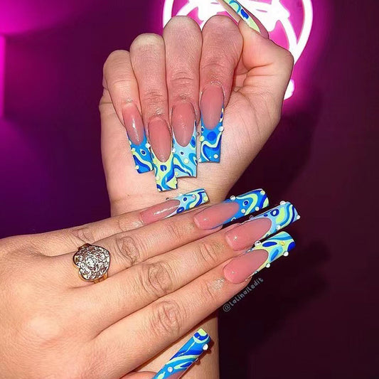 Psychedelic Splash Extra Long Coffin Blue and White Press On Nail Set with Abstract Wave Design