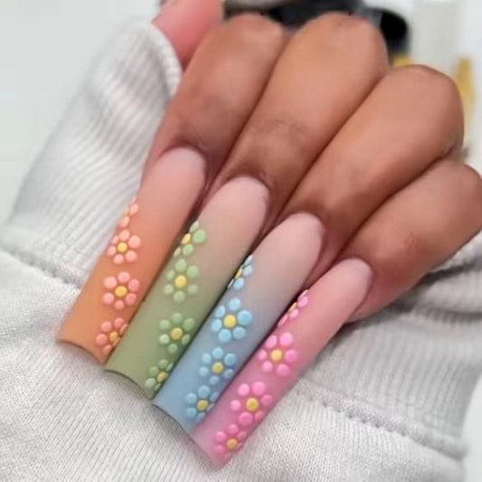 Spring Blossom Long Coffin Pastel Press on Nails with 3D Flower Accents