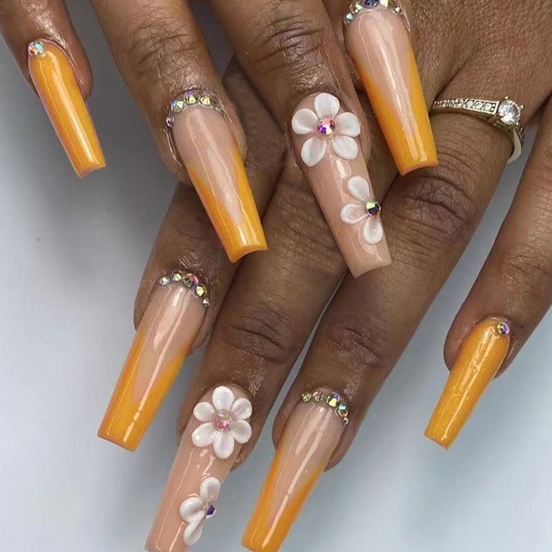 Tropical Sunset Long Coffin Gradient Orange Press On Nail Set with 3D Flower Accents