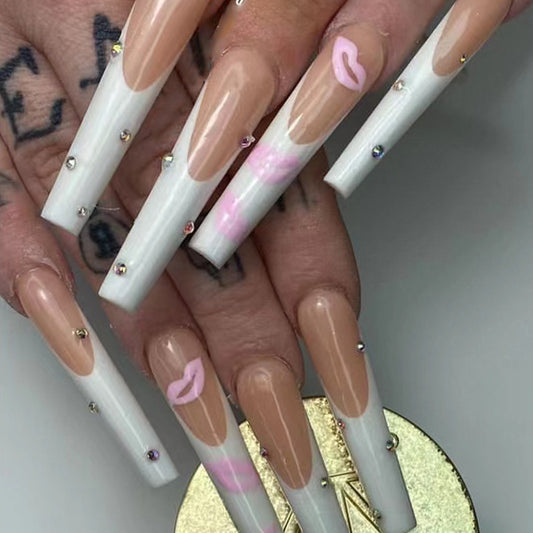 Elegant Affair Extra Long Coffin Shape Beige and White Ombre Press On Nail Set with Rhinestone Accents and Marble Design