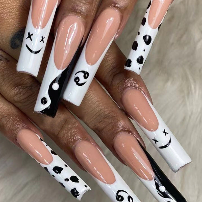 Playful Doodle Art Extra-Long Coffin Beige and Black Press On Nail Set with Smiley Faces and Hearts Design