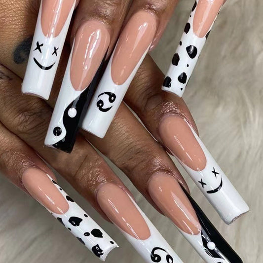 Playful Doodle Art Extra-Long Coffin Beige and Black Press On Nail Set with Smiley Faces and Hearts Design