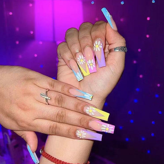 Enchanted Garden Extra Long Square Pastel Ombre Press On Nail Set with Floral Accents