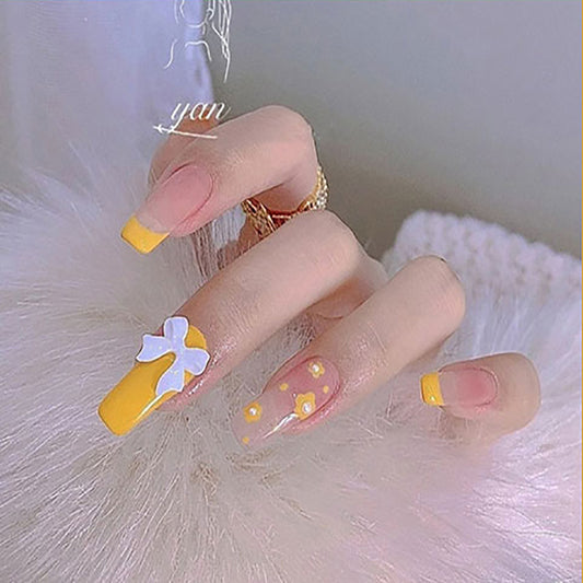 Sunny Elegance Long Coffin Yellow Press on Nails with Floral Accents and Rhinestone Embellishments