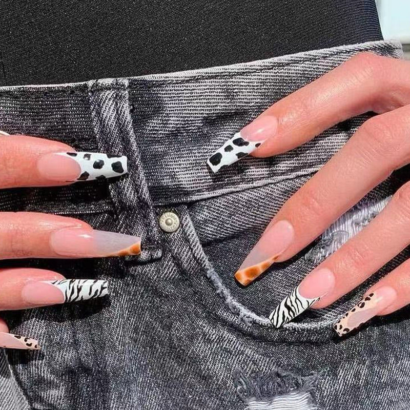 Safari Adventure Long Coffin-Shaped Press On Nail Set in Animal Print with Black, White, and Neutral Tones