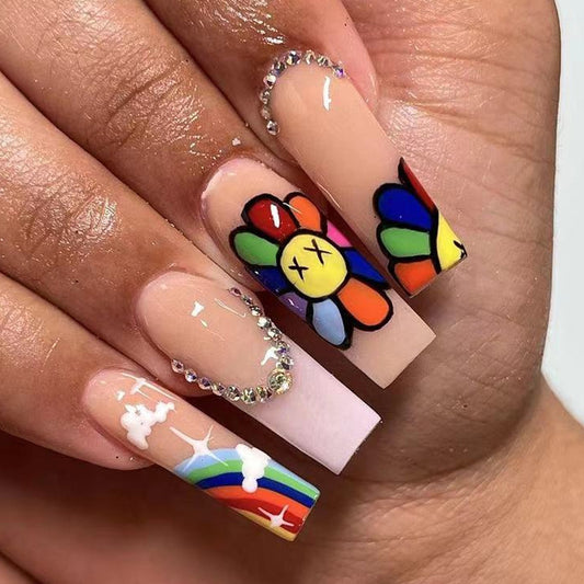 Pop Art Extravaganza Long Square Multicolor Press On Nail Set with Artistic Cartoon Embellishments