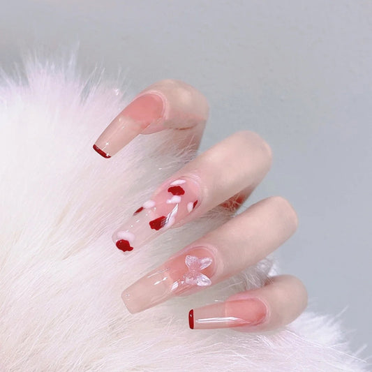 Romantic Red Hearts Long Coffin Clear Press On Nails with 3D Floral Accent