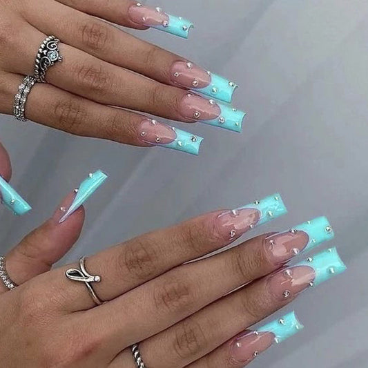 Mermaid Fantasy Long Coffin Sky Blue Press On Nail Set with Rhinestone Accents