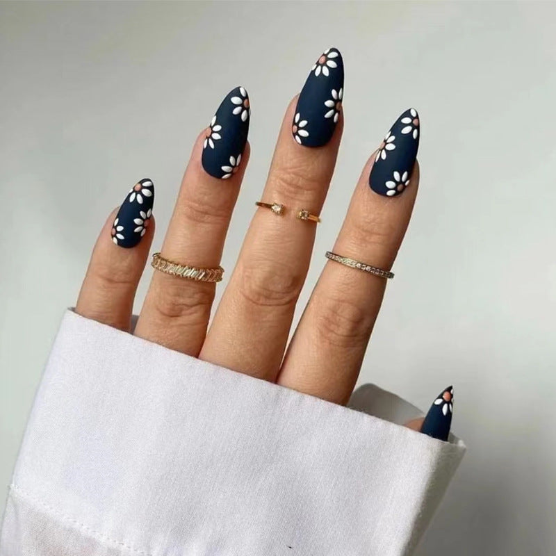 Elegant Floral Fantasy Long Almond Navy Blue Press On Nails with White Petal Accents
