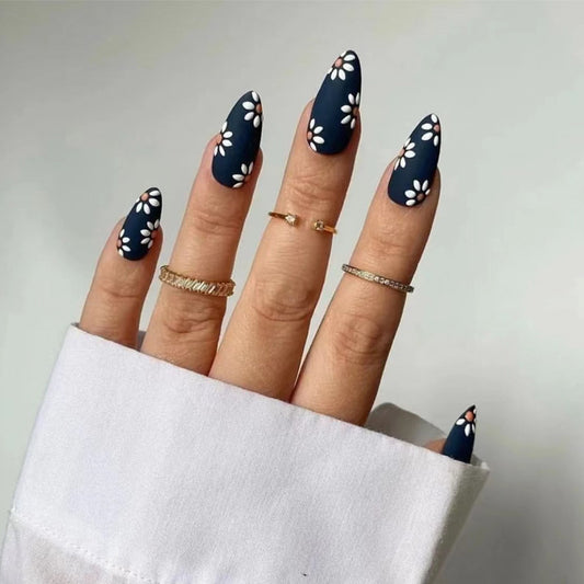 Elegant Floral Fantasy Long Almond Navy Blue Press On Nails with White Petal Accents