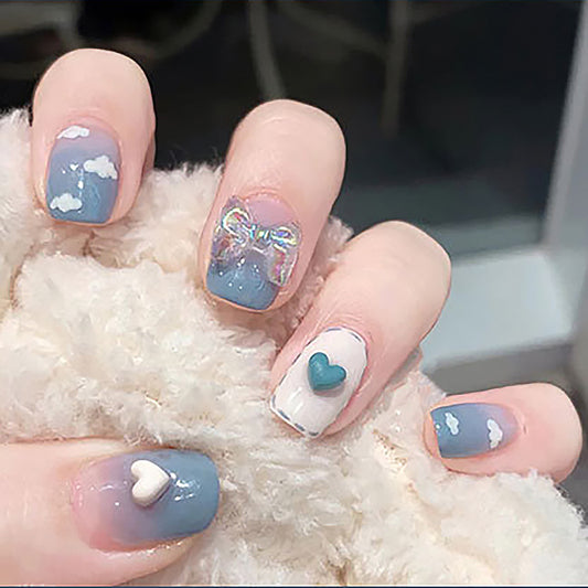 Whimsical Wonderland Collection Short Round Multicolor Press On Nail Set with Cloud and Bow Detail