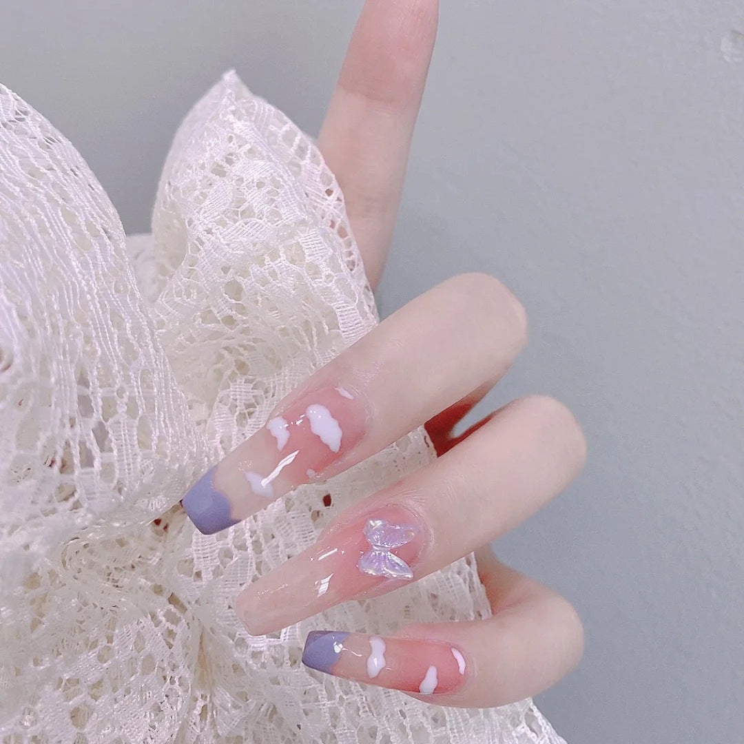 Ethereal Elegance Long Coffin Pastel Clouds and Sparkling Butterfly Accents Press On Nail Set