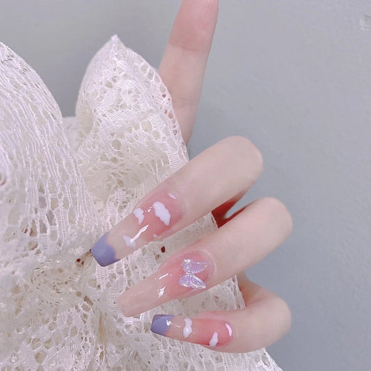 Ethereal Elegance Long Coffin Pastel Clouds and Sparkling Butterfly Accents Press On Nail Set