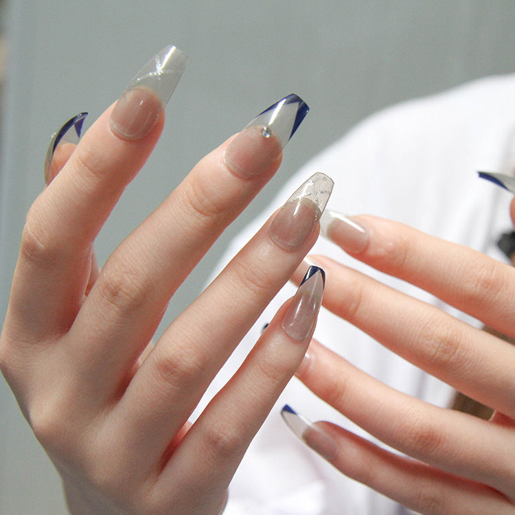 Elegant Soiree Medium Coffin Clear to Navy Blue Ombre Press On Nail Set with Glossy Finish