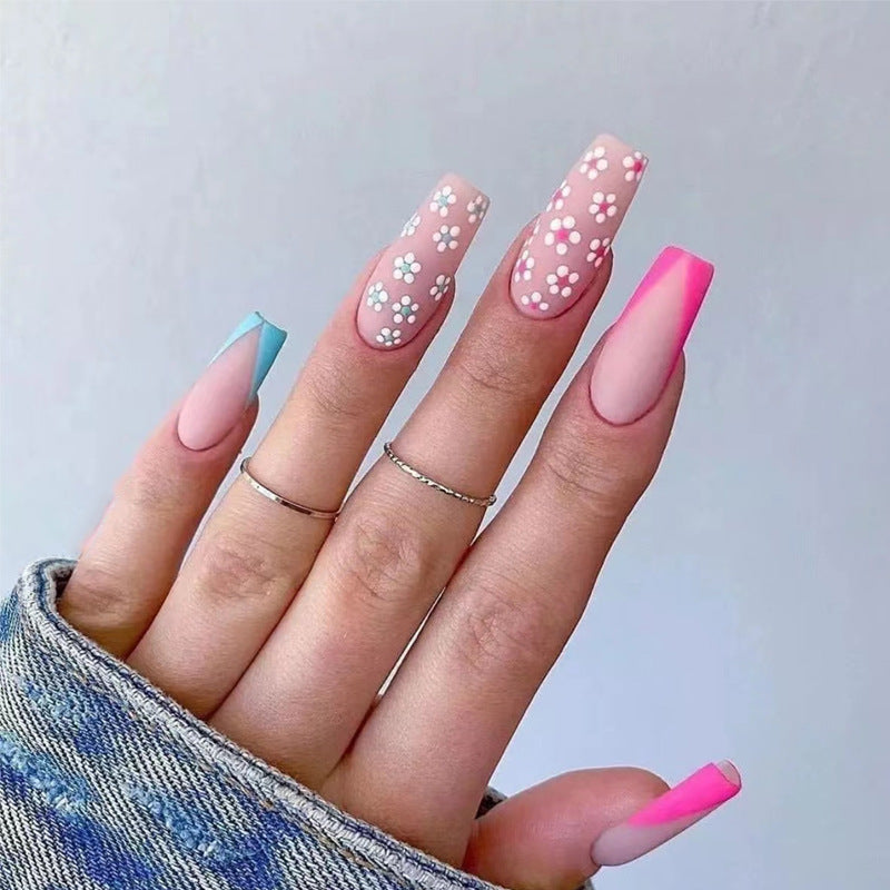 Spring Blossom Long Coffin Multicolor Press On Nail Set with Floral Accents