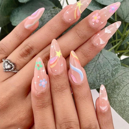 Enchanted Garden Extra Long Almond Pink Press On Nail Set with Floral and Star Accents