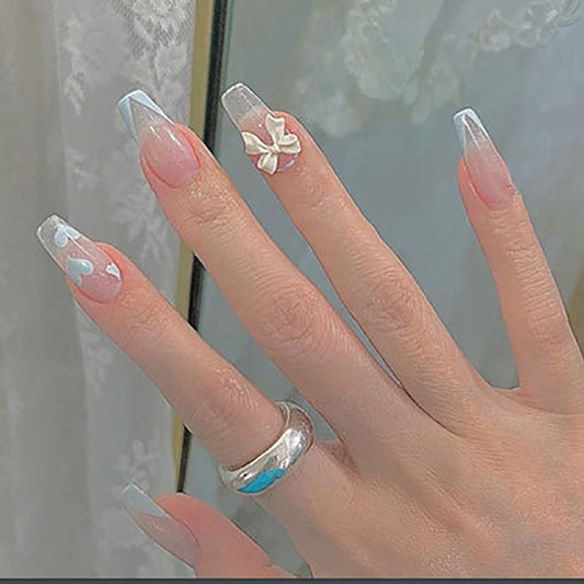 Elegant Bridal Medium Coffin Clear Press On Nail Set with White Floral Accents