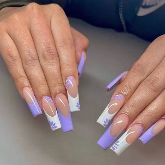Lavender Dreams Long Square Lavender and White Ombre Press On Nails with Floral Accents