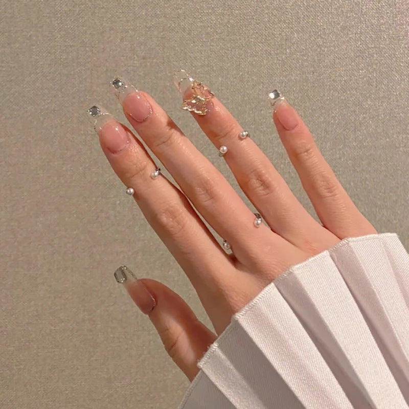 Elegant Bridal Collection Medium Coffin Clear Press On Nail Set with Rhinestone Accents