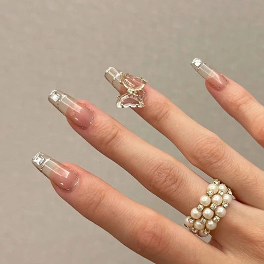 Elegant Affair Medium Coffin Beige Press On Nails with Rhinestone Accents