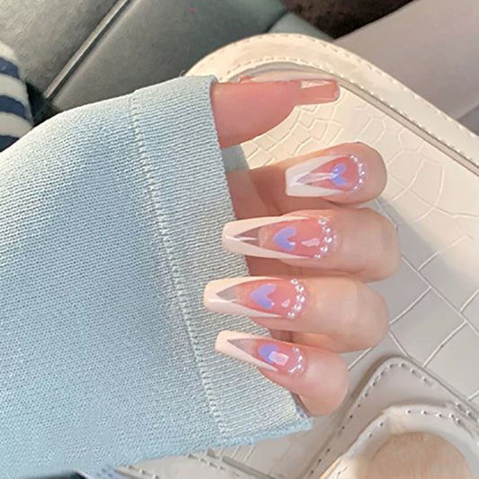 Sweetheart Romance Long Coffin Pink Press On Nail Set with Heart Accents and Glitter Detail