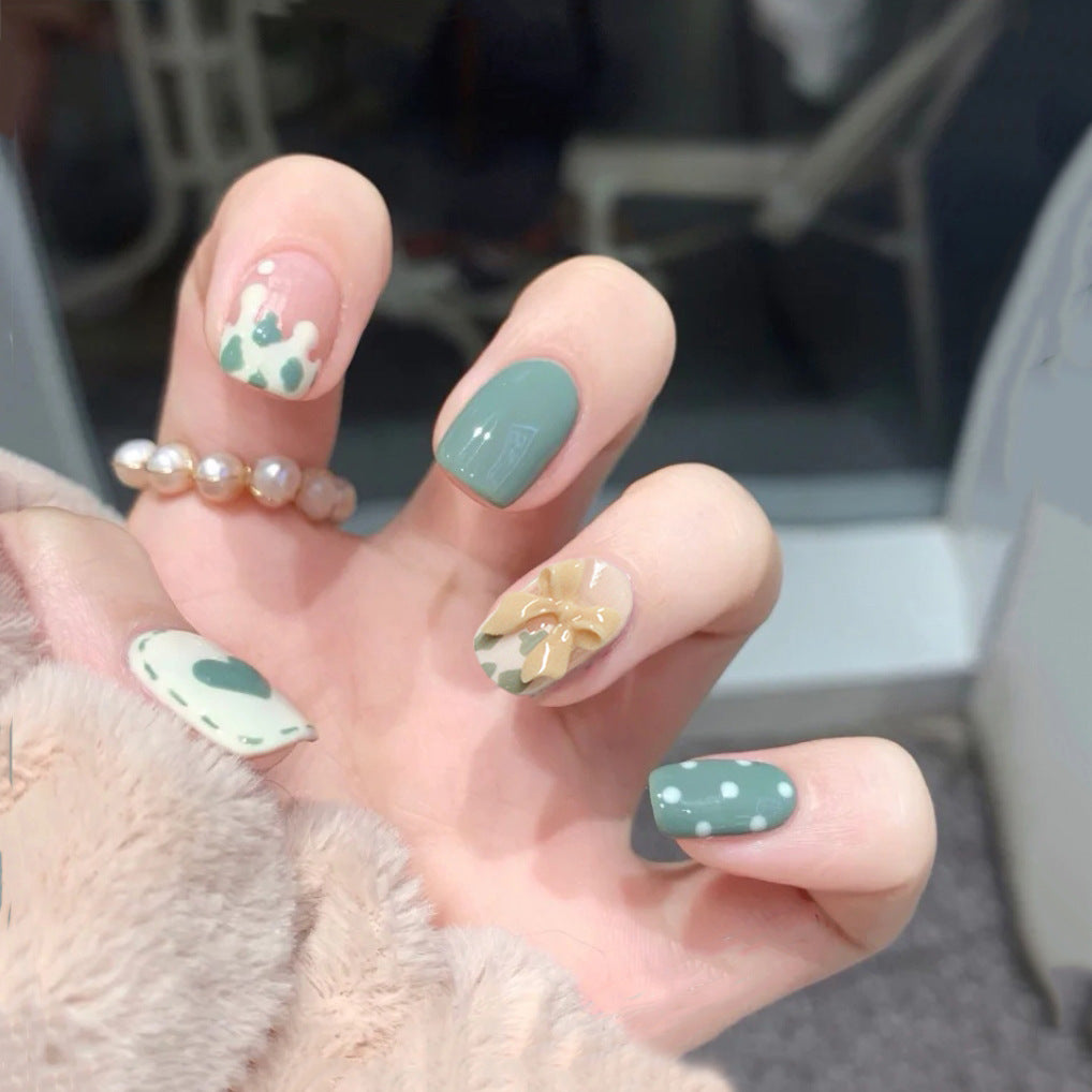 Botanical Bliss Short Round Press On Nails in Sage Green With Floral Accents