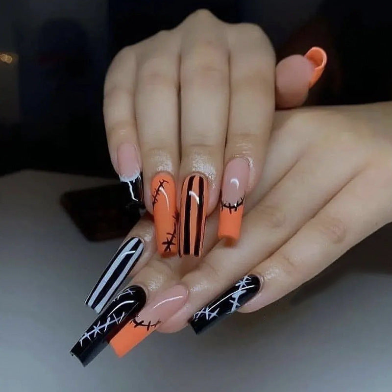 Halloween Elegance Extra Long Coffin Shape Orange and Black Press On Nails with Spooky Accent Designs