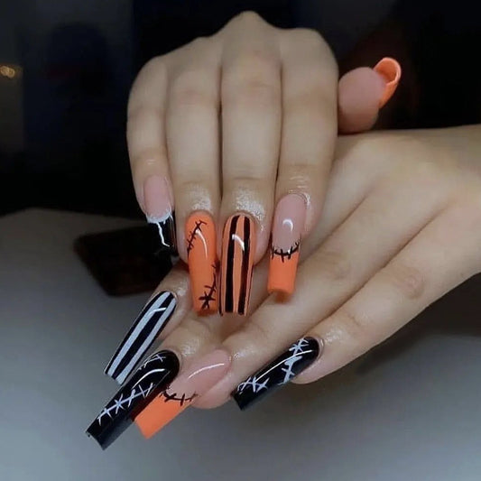 Halloween Elegance Extra Long Coffin Shape Orange and Black Press On Nails with Spooky Accent Designs