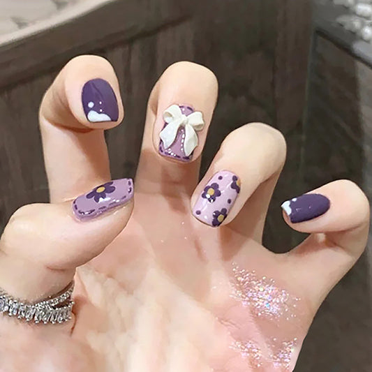 Enchanted Garden Short Round Purple Press On Nail Set with Floral Accents and Glitter Feature