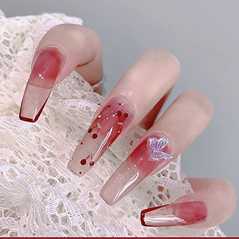 Bohemian Elegance Extra Long Coffin Burgundy Ombr‚âàŒ© Press On Nails with Embedded Glitter Accents
