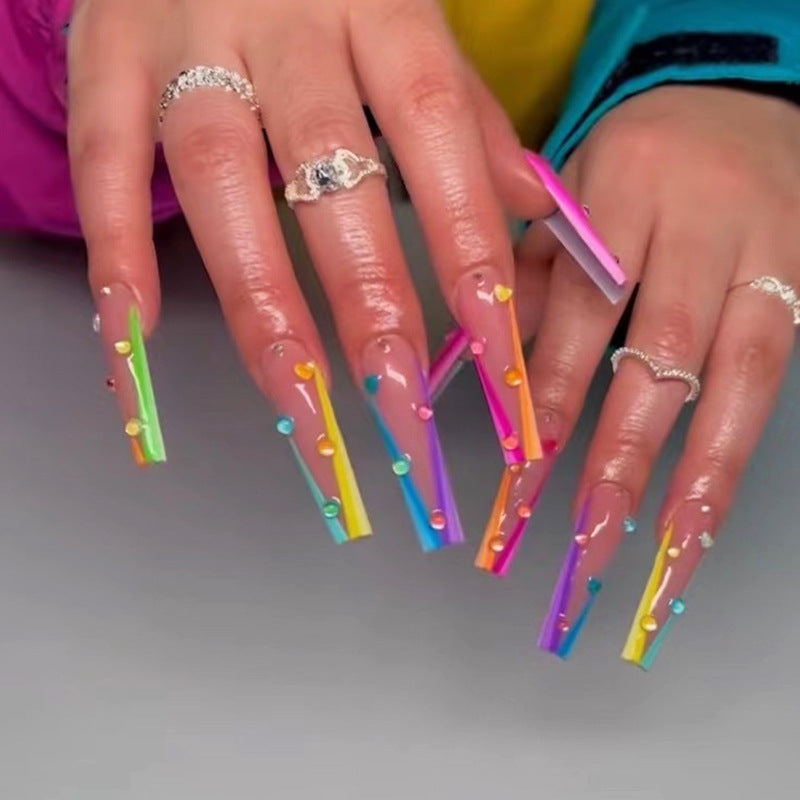 Candy Carnival Extra Long Coffin Multicolor Ombre Press On Nails with 3D Bubble Accents