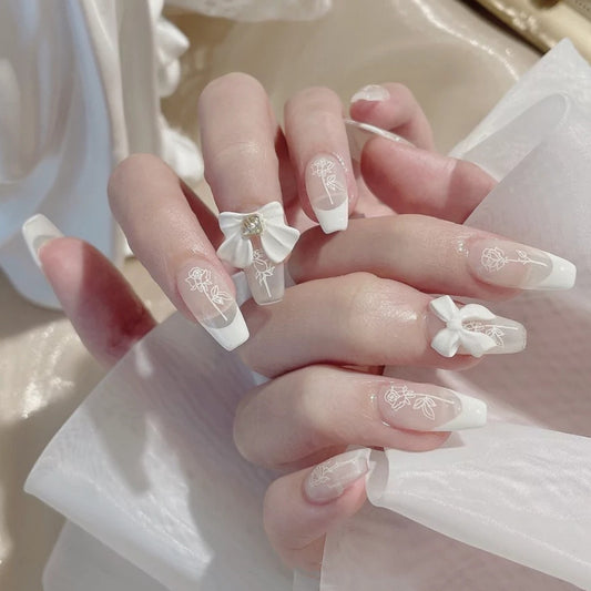 Elegant Bridal Collection Long Coffin White Press On Nails with Floral Accents and Bow Charms