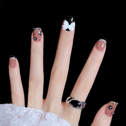 Elegant Evening Short Round Beige Black Floral Accents Press on Nail Set