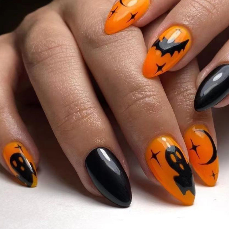 Spooky Halloween Long Almond Orange and Black Press On Nails with Ghost and Bat Designs