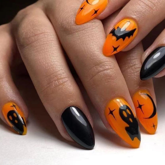 Spooky Halloween Long Almond Orange and Black Press On Nails with Ghost and Bat Designs