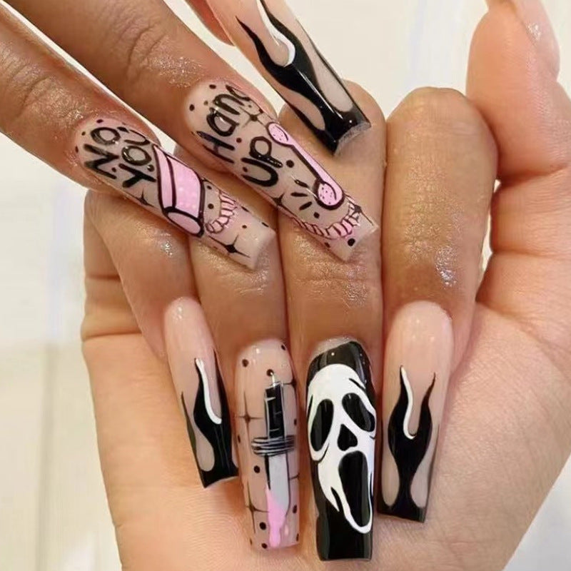 Spooky Elegance Extra-Long Coffin Black and Pink Press On Nail Set with Halloween Motif Accents