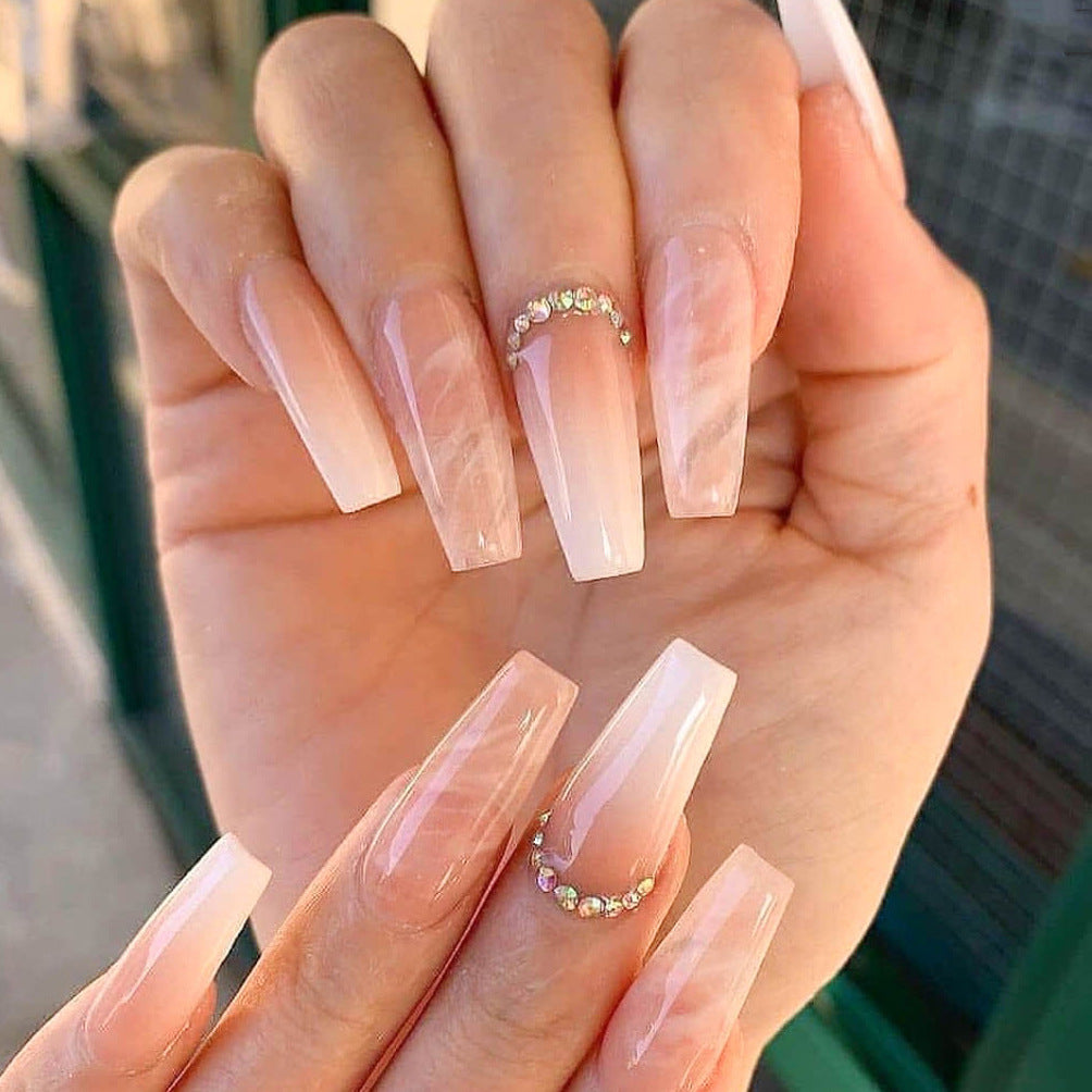 Elegant Bridal Bliss Long Coffin Shape Pink Ombre Press On Nails with Rhinestone Accents