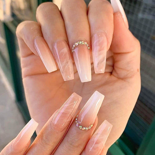 Elegant Bridal Bliss Long Coffin Shape Pink Ombre Press On Nails with Rhinestone Accents