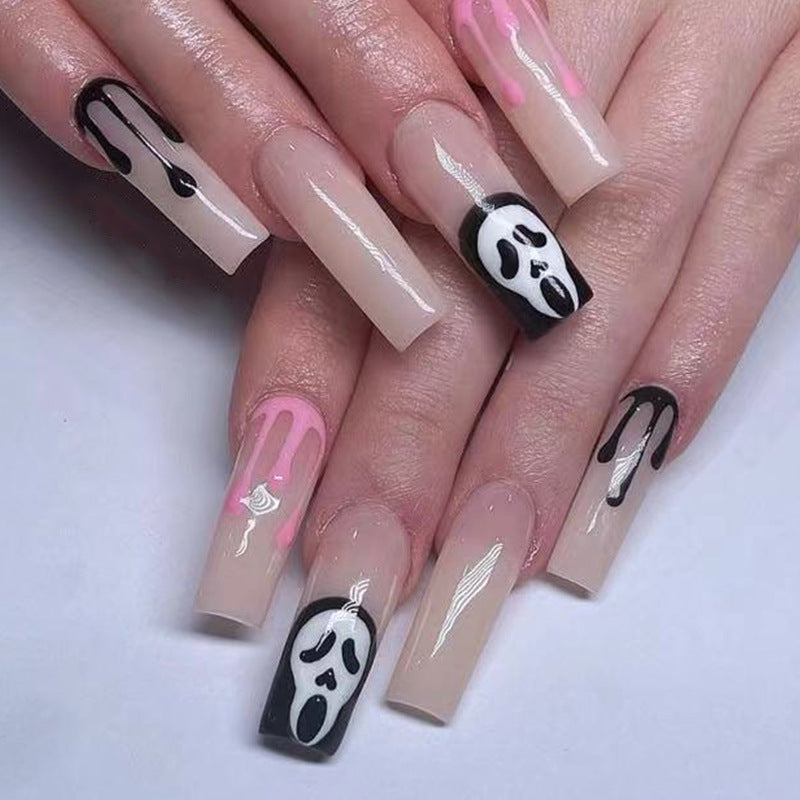 Abstract Art Long Coffin Beige Press On Nails with Black and Pink Accents and Faces Design