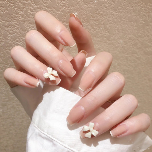 Elegant Bridal Medium Round Beige Press On Nails Set with 3D Flower Accents