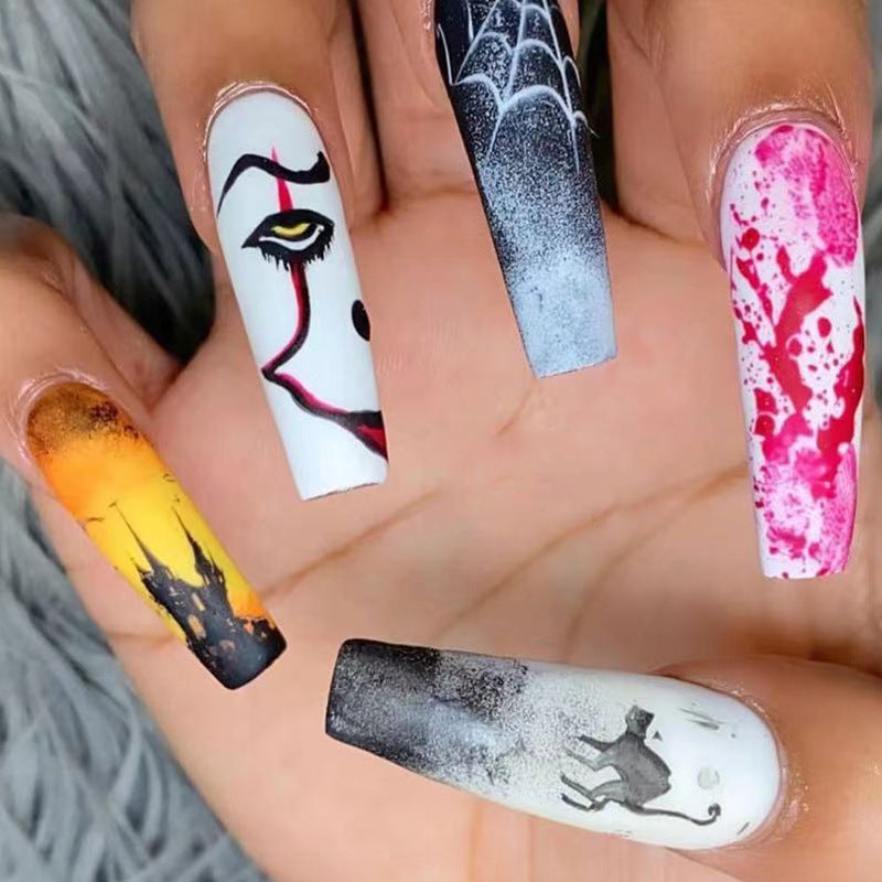 Mystical Halloween Long Coffin Press On Nail Set, Multicolor with Spooky Character Art Design