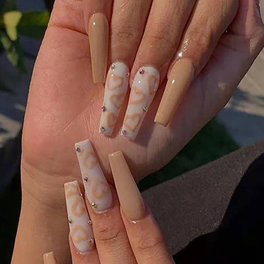 Elegant Marble Affair Long Coffin Beige Press On Nail Set with Rhinestone Accents