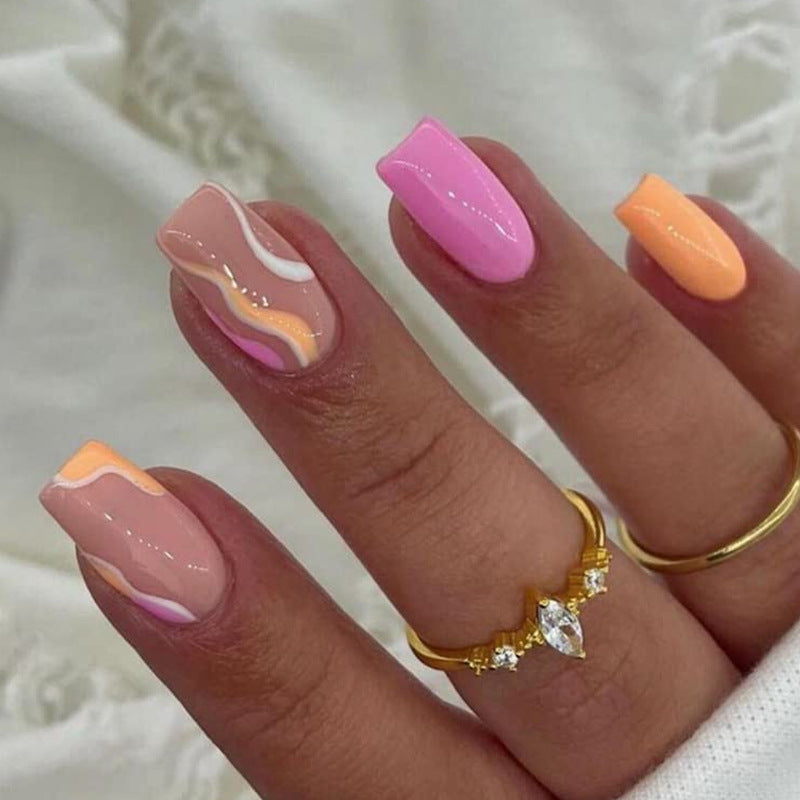 Spring Blossom Long Coffin Pastel Pink and Peach Press On Nail Set with Marble Accent Design