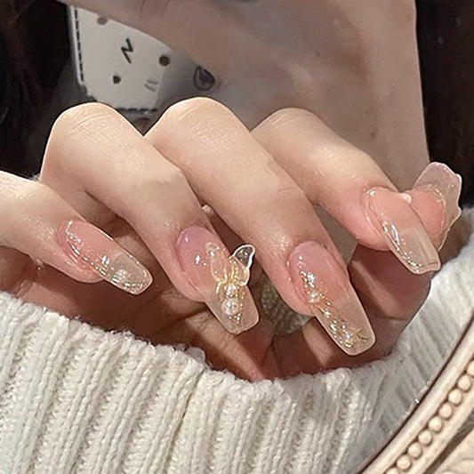 Enchanted Butterfly Long Coffin Pink Glitter Press On Nail Set with 3D Charms