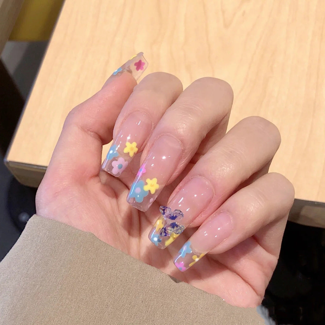 Enchanted Garden Long Coffin Shape Pastel Blue and Yellow Floral Press On Nail Set with Glitter Accents