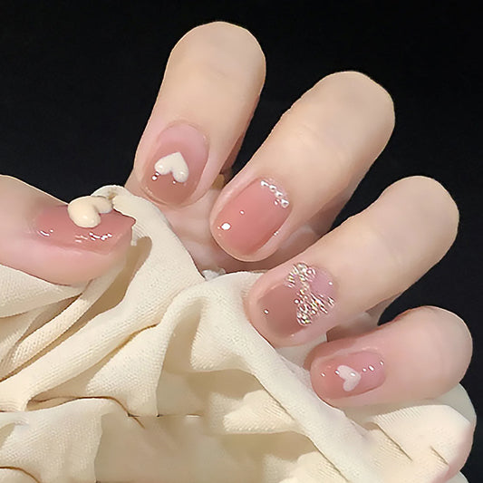 Elegant Bridal Collection Short Round Pale Pink Press On Nail Set with Rhinestone Accents