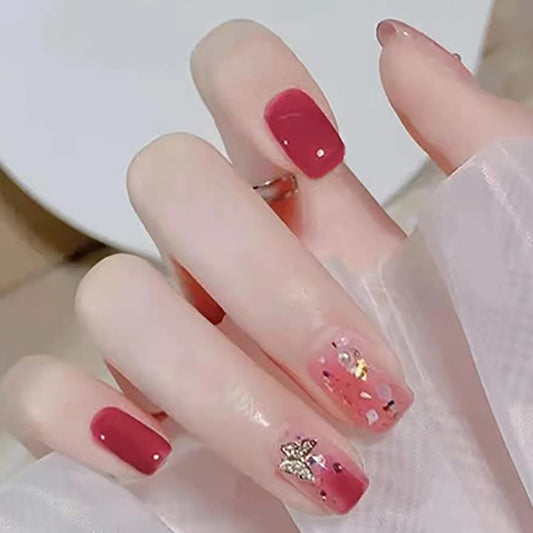 Romantic Charm Medium Square Burgundy Press On Nail Set with Sparkling Accents