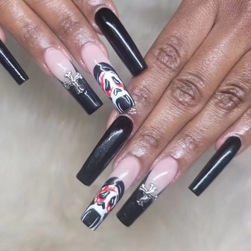 Glam Rock Opera Long Square Black and Beige Press On Nails with Dramatic Theatrical Masks Design