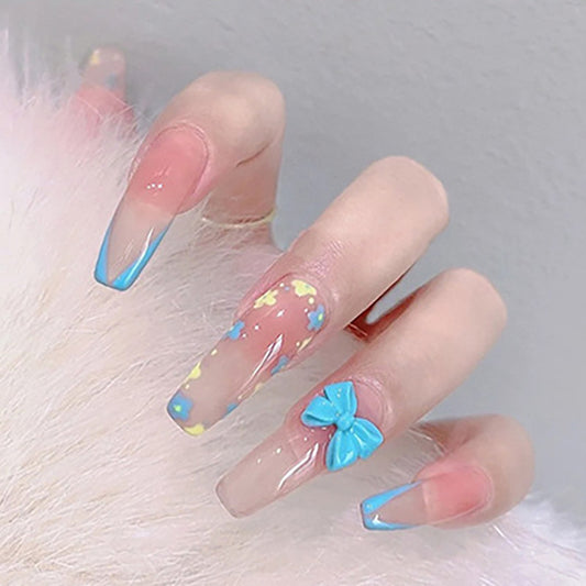 Enchanted Garden Long Coffin Pastel Ombre Press On Nail Set with Floral Charms and Glitter Accents
