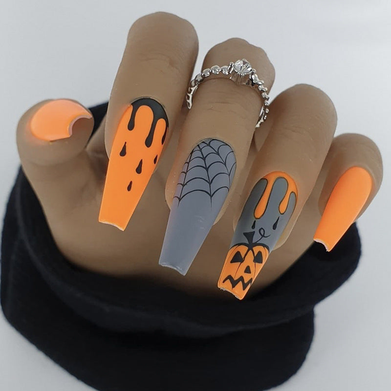 Spooky Elegance Long Coffin Grey and Orange Halloween Themed Press On Nail Set with Pumpkin and Web Accents